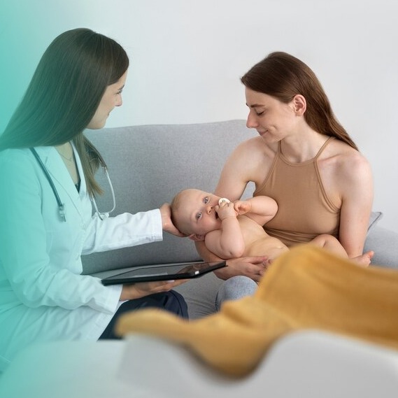 A Nightingale lactation consultant with a mother and her baby at home in Dubai