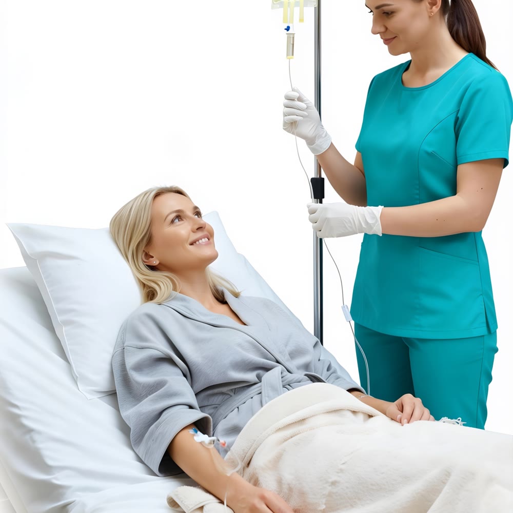 A Nightingale nurse setting up an IV drip for a patient at home