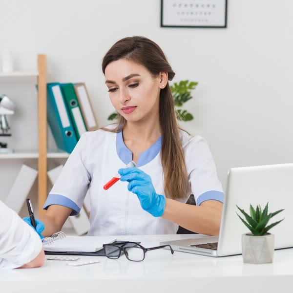 A Nightingale nurse holding a blood sample tube at the clinic