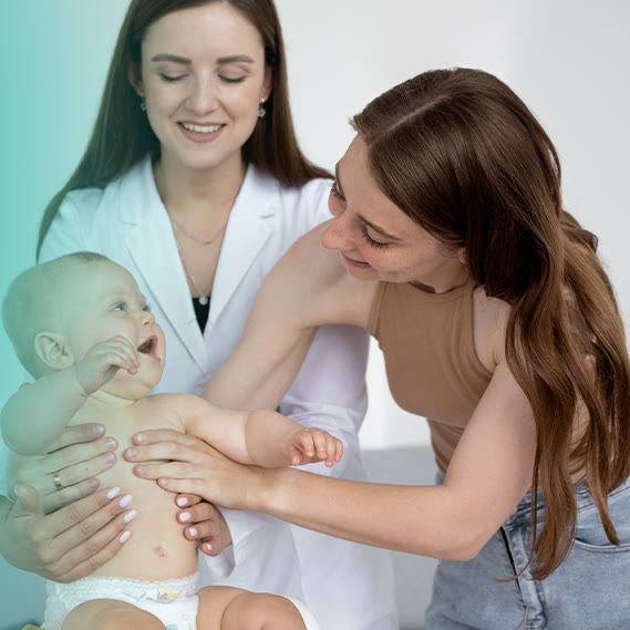 A Nightingale nurse and a mother with a baby at home in Dubai