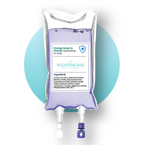 Close-up of Energy Boost & Fitness infusion IV bag used in therapy sessions.