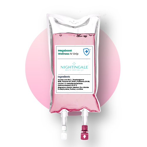 Close-up of Megaboost Wellness IV bag used in therapy sessions.