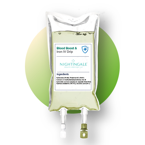 Close-up of Diabetic Boost & Iron IV bag used in therapy sessions.