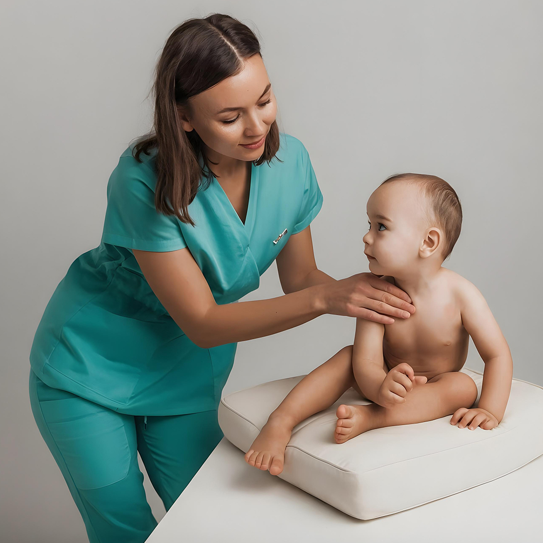 A Nightingale nurse giving a baby a massage at home in Dubai